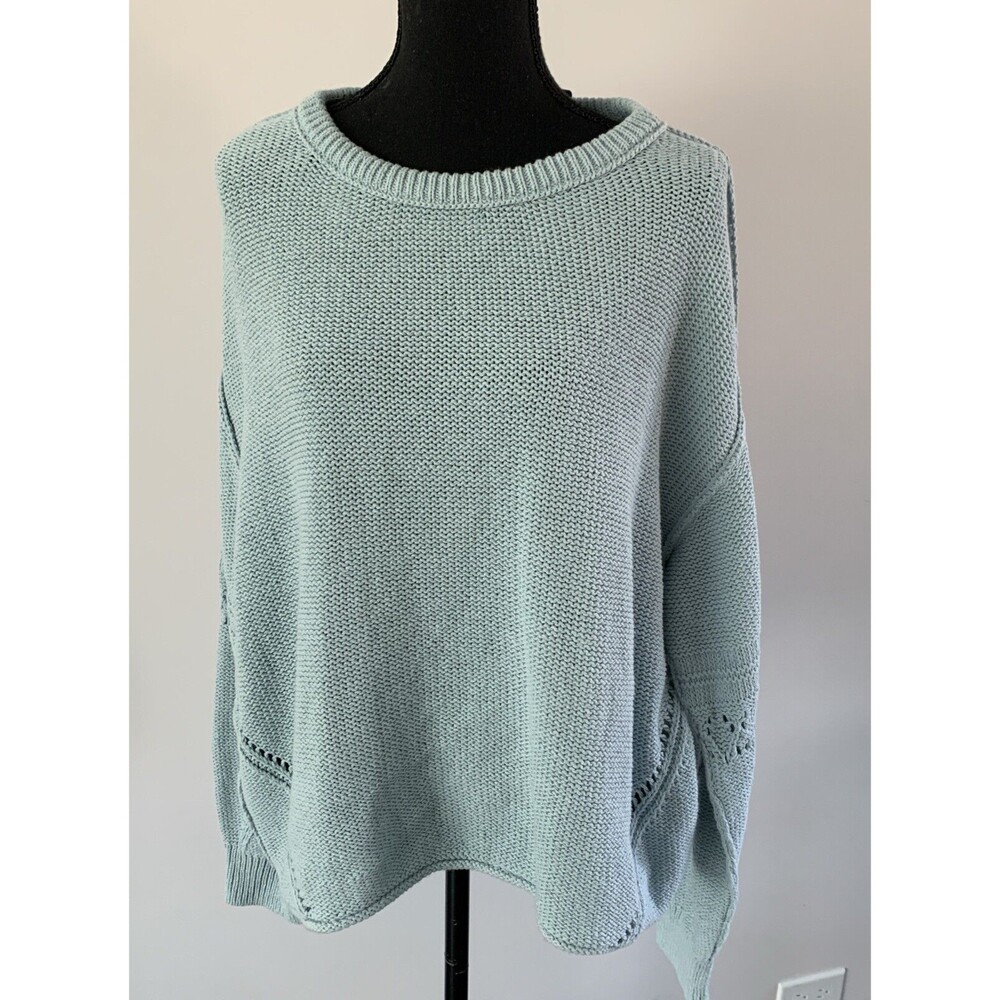 Lucky Brand Waffle Knit Sweater Womens L Sky Blue Eyelet 100% Cotton Relaxed Fit